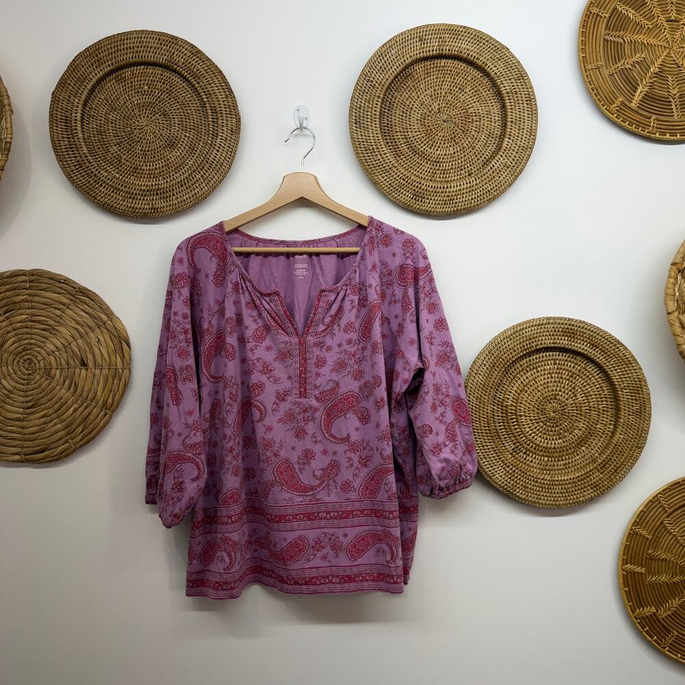 J. Jill Split Neck Border Printed Top Large PETITE LP Purple Cotton Paisley - Picture 2 of 5